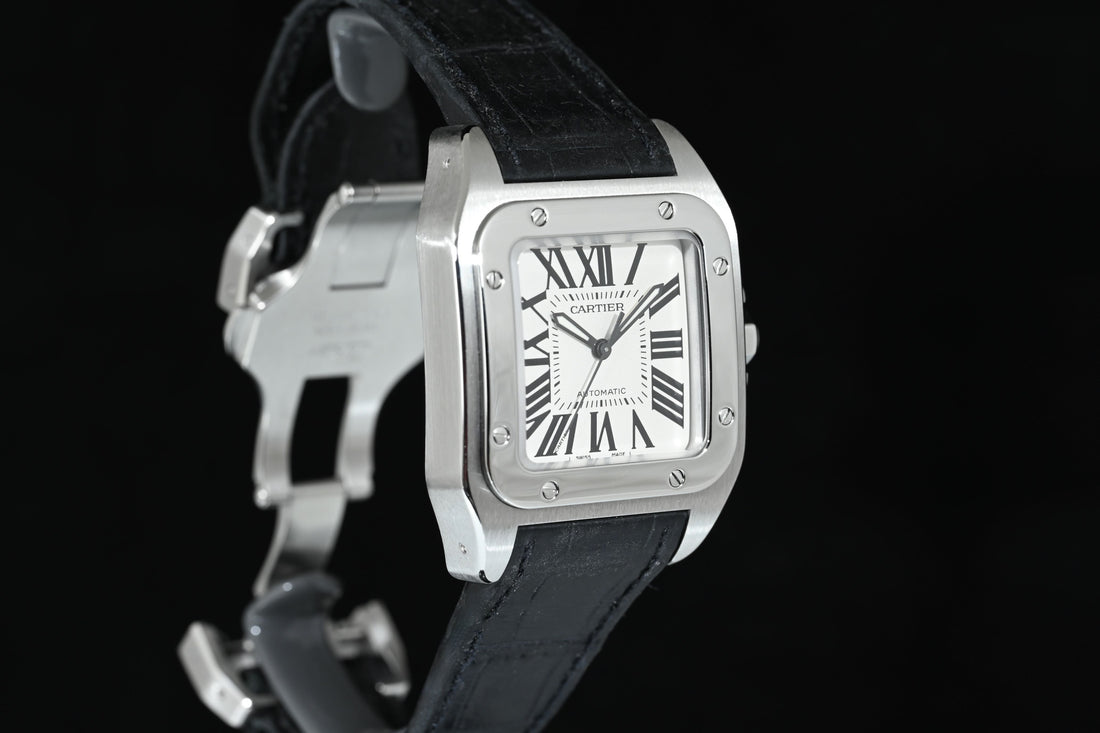 CARTIER | SANTOS 100 Automatic, medium size, steel, leather Ref. 2878 Cartier warranty, 2006
