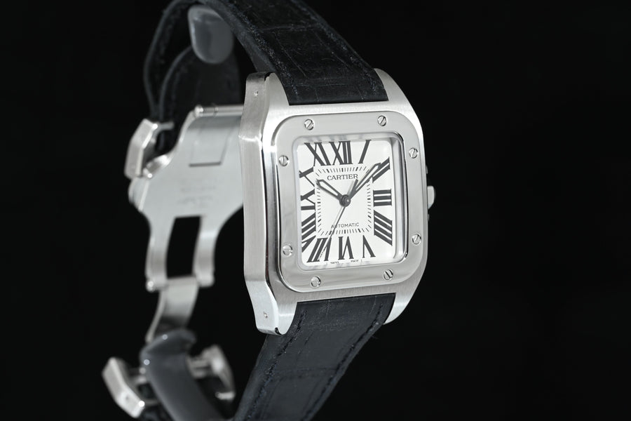 CARTIER | SANTOS 100 Automatic, medium size, steel, leather Ref. 2878 Cartier warranty, 2006