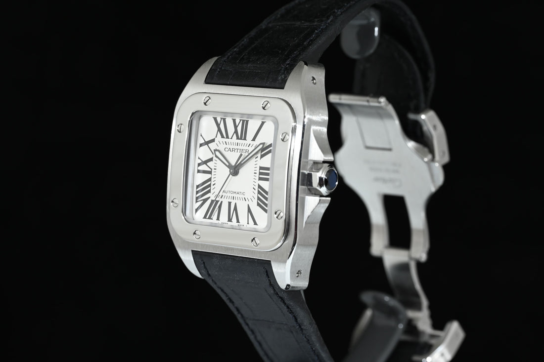 CARTIER | SANTOS 100 Automatic, medium size, steel, leather Ref. 2878 Cartier warranty, 2006