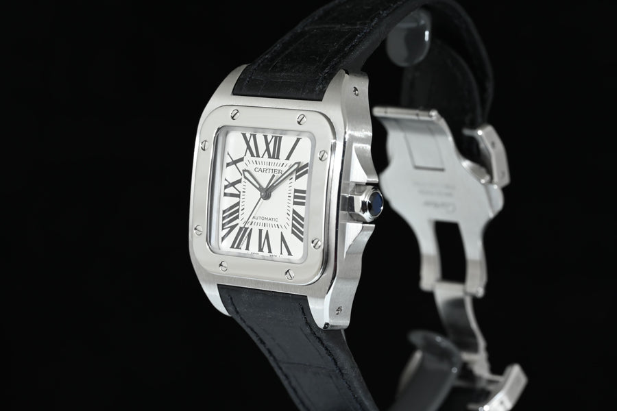 CARTIER | SANTOS 100 Automatic, medium size, steel, leather Ref. 2878 Cartier warranty, 2006