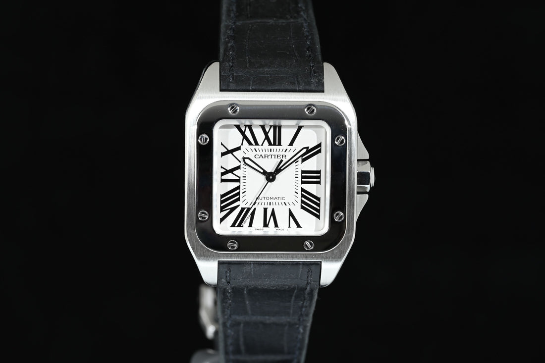 CARTIER | SANTOS 100 Automatic, medium size, steel, leather Ref. 2878 Cartier warranty, 2006
