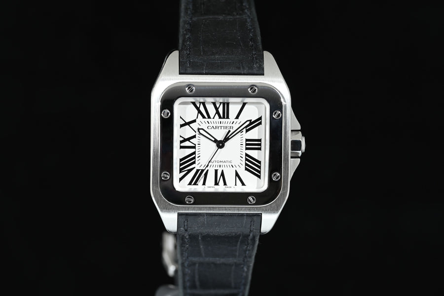 CARTIER | SANTOS 100 Automatic, medium size, steel, leather Ref. 2878 Cartier warranty, 2006