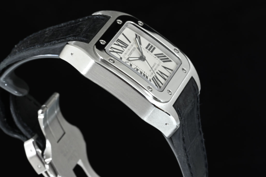 CARTIER | SANTOS 100 Automatic, medium size, steel, leather Ref. 2878 Cartier warranty, 2006
