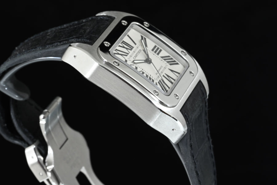 CARTIER | SANTOS 100 Automatic, medium size, steel, leather Ref. 2878 Cartier warranty, 2006