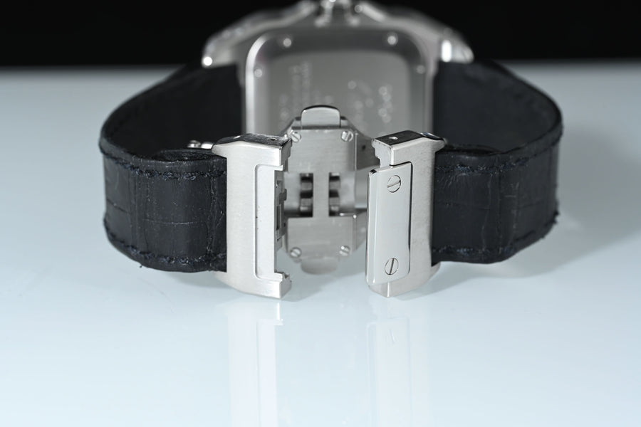 CARTIER | SANTOS 100 Automatic, medium size, steel, leather Ref. 2878 Cartier warranty, 2006