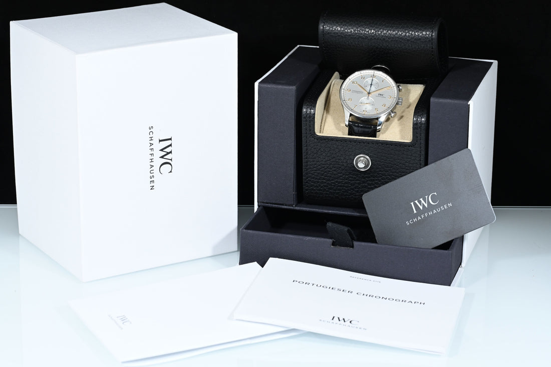 IWC | Portuguese Chronograph Portugieser, 41 mm., Steel, Ref. IW371604 Box and Paper IWC Dec. 2024 Silver dial
