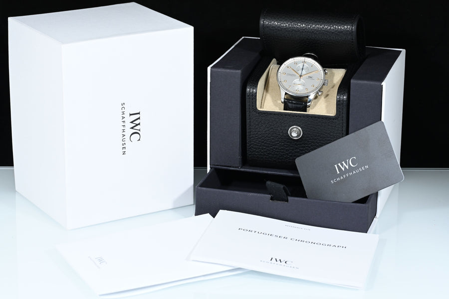 IWC | Portuguese Chronograph Portugieser, 41 mm., Steel, Ref. IW371604 Box and Paper IWC Dec. 2024 Silver dial