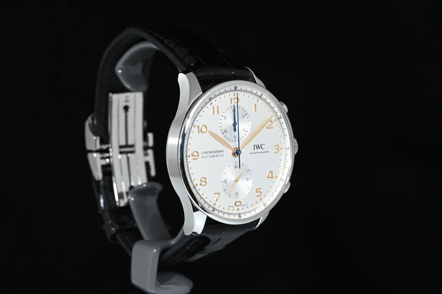 IWC | Portuguese Chronograph Portugieser, 41 mm., Steel, Ref. IW371604 Box and Paper IWC Dec. 2024 Silver dial