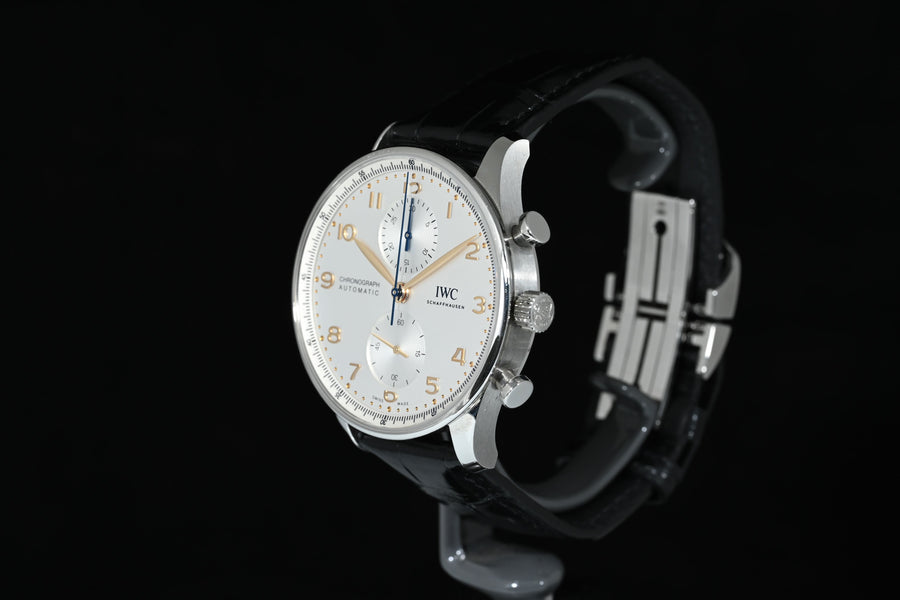 IWC | Portuguese Chronograph Portugieser, 41 mm., Steel, Ref. IW371604 Box and Paper IWC Dec. 2024 Silver dial