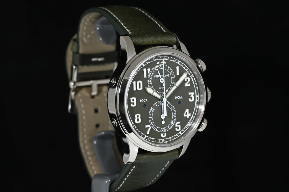PATEK PHILIPPE | CALATRAVA PILOT TRAVEL TIME  FLYBACK Chronograph Khaki green dial Oro bianco Ref. 5924G Scatola e Garanzia Italia 2023