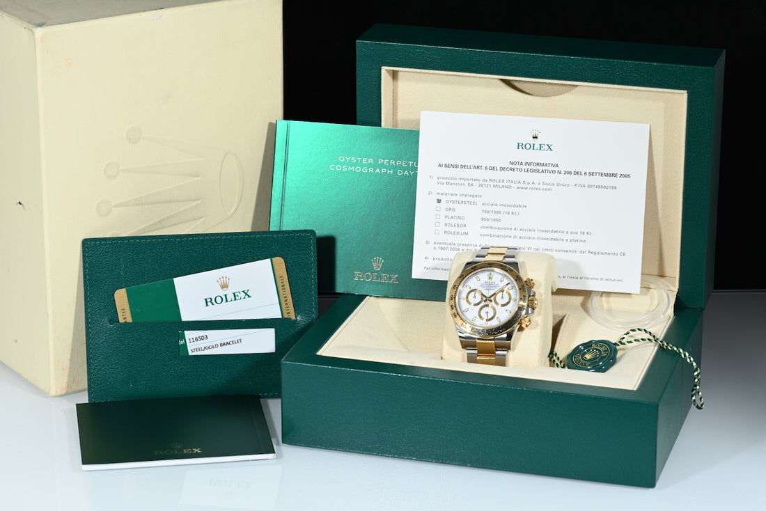 ROLEX | DAYTONA Cosmograph Ref. 116503 Box and papers, 2018 Steel and yellow gold, White dial