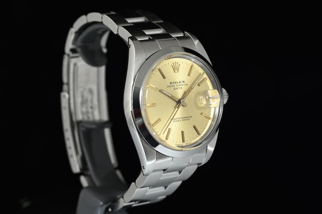 Rolex | Oyster Perpetual DATE Quadrante champagne Automatico, Acciaio, 34 mm. Ref. 15000 Scatola e garanzia Rolex 1989