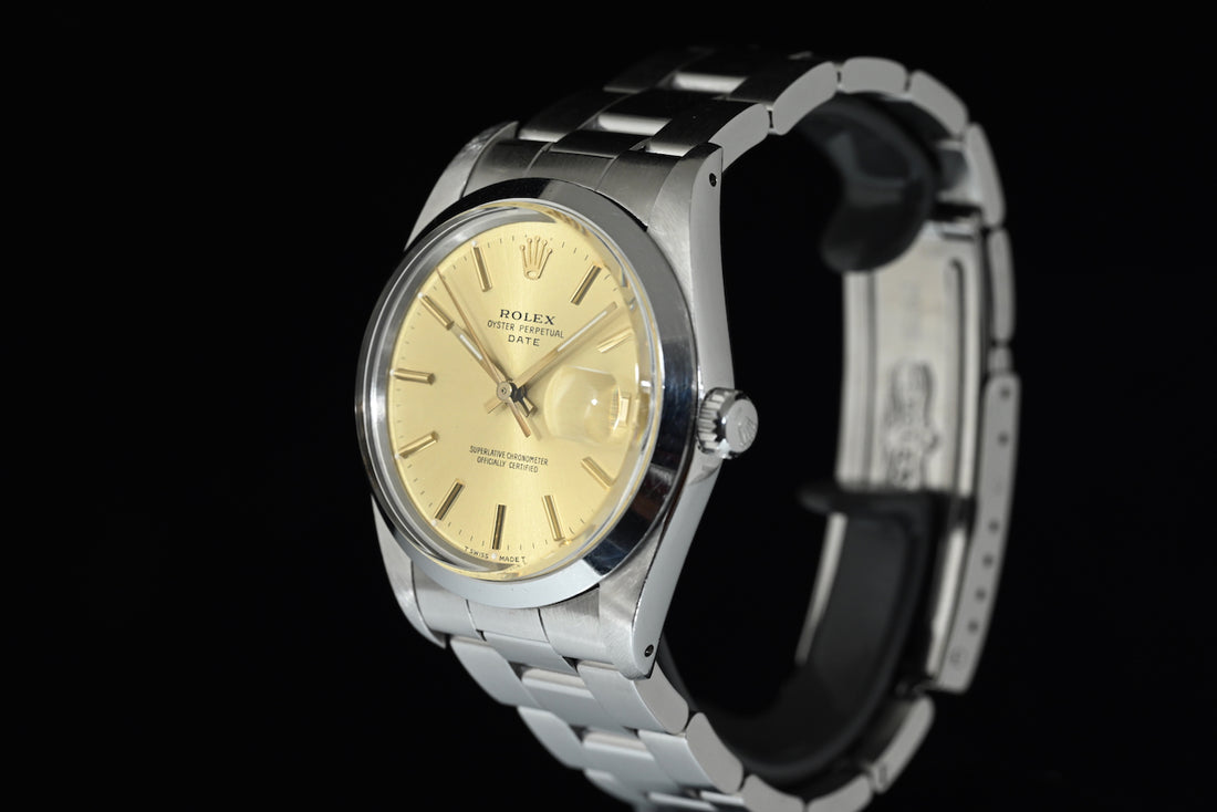 Rolex | Oyster Perpetual DATE Quadrante champagne Automatico, Acciaio, 34 mm. Ref. 15000 Scatola e garanzia Rolex 1989