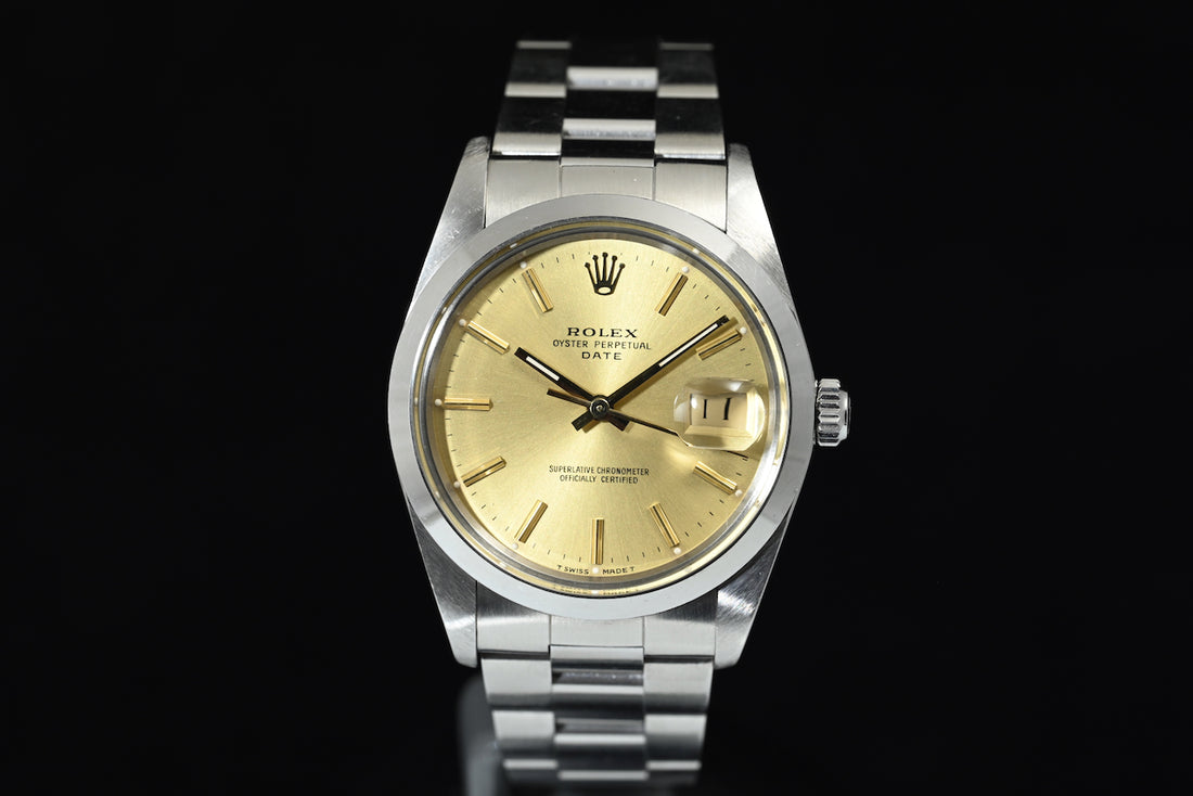 Rolex | Oyster Perpetual DATE Quadrante champagne Automatico, Acciaio, 34 mm. Ref. 15000 Scatola e garanzia Rolex 1989