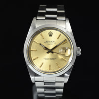 Rolex | Oyster Perpetual DATE Quadrante champagne Automatico, Acciaio, 34 mm. Ref. 15000 Scatola e garanzia Rolex 1989