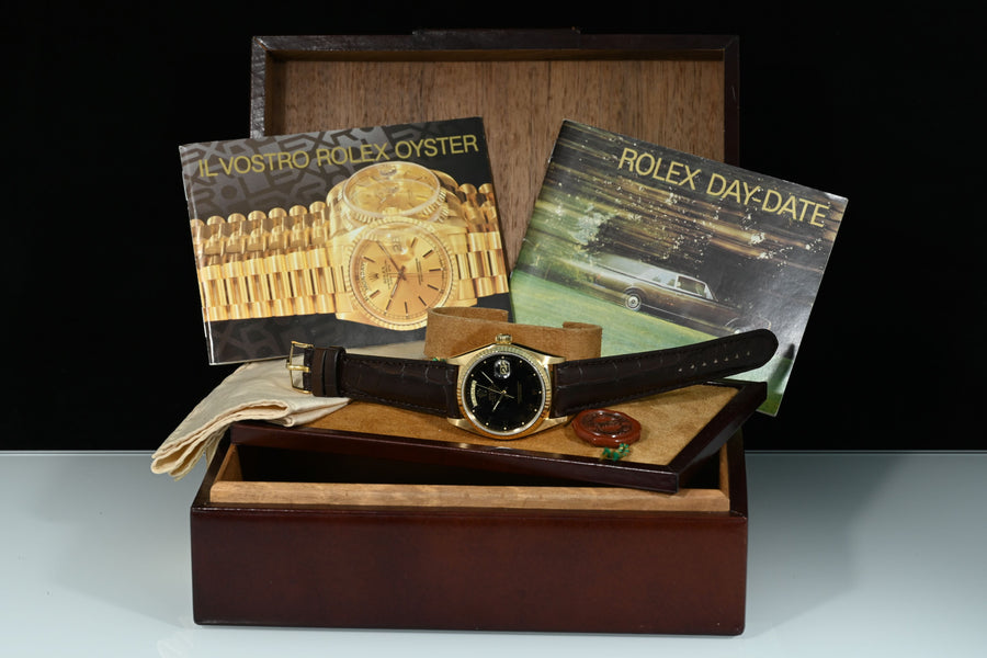 Rolex | Oyster Perpetual Day-Date Ref. 18038 Black dial Oro giallo 18 Kt. Scatola Rolex 1979