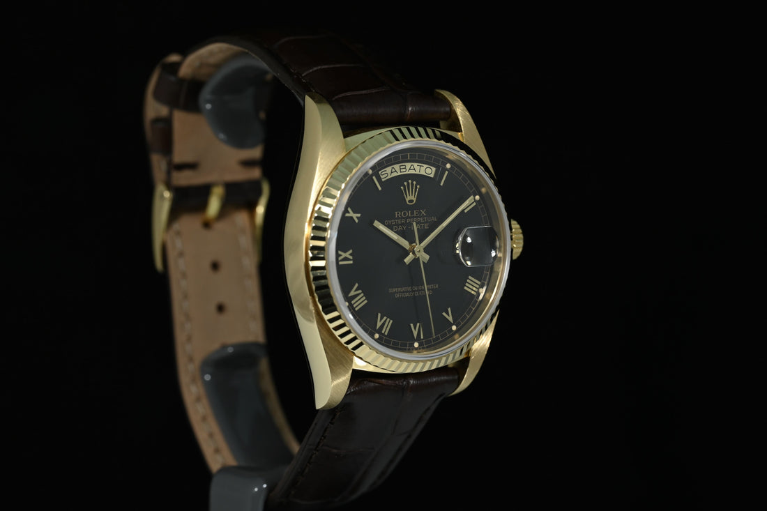 Rolex | Oyster Perpetual Day-Date Ref. 18038 Black dial Oro giallo 18 Kt. Scatola Rolex 1979