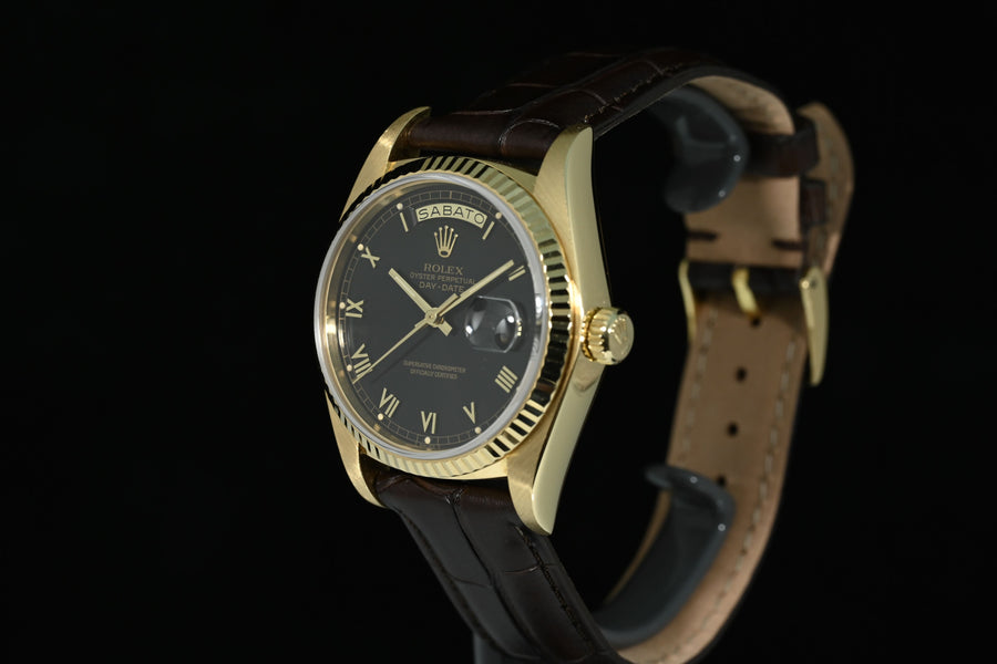 Rolex | Oyster Perpetual Day-Date Ref. 18038 Black dial Oro giallo 18 Kt. Scatola Rolex 1979