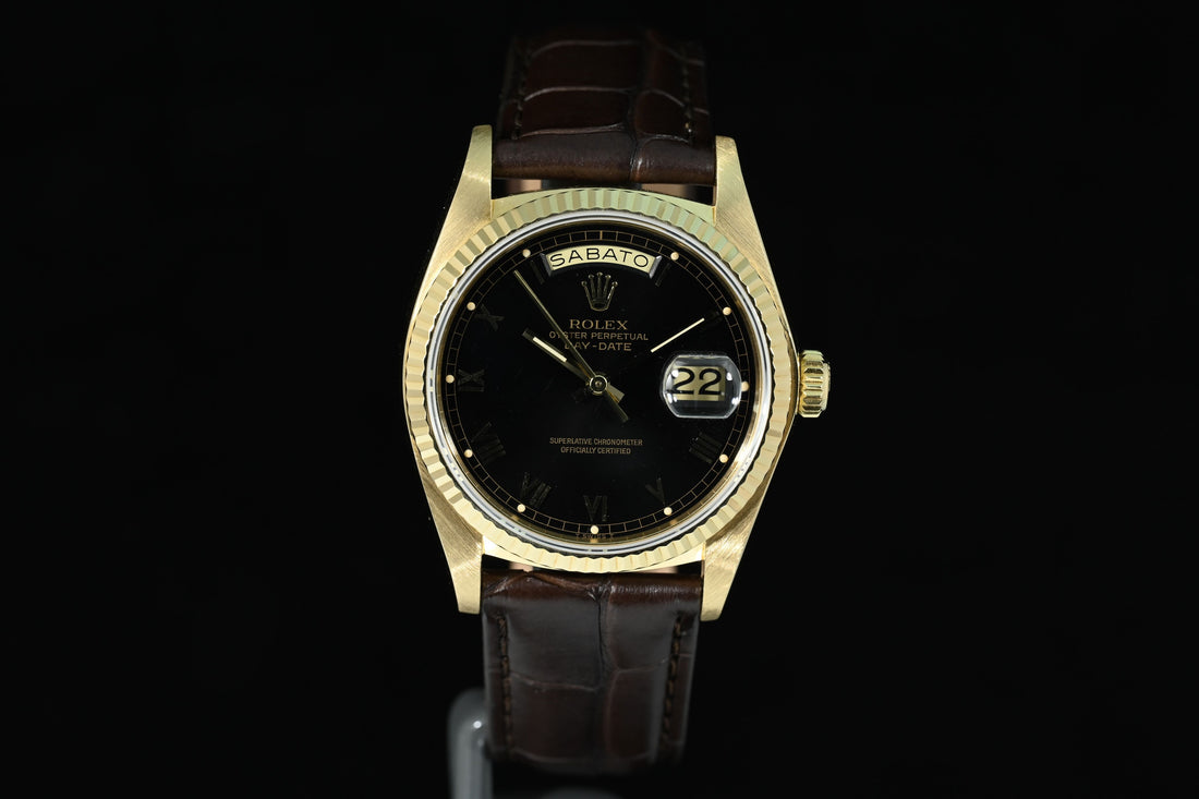 Rolex | Oyster Perpetual Day-Date Ref. 18038 Black dial Oro giallo 18 Kt. Scatola Rolex 1979